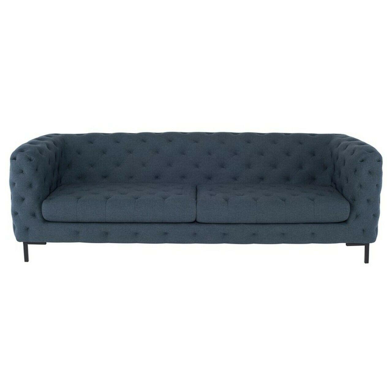 Chesterfield sofa couch upholstery fabric textile 3-seater blue grey with cushions premium