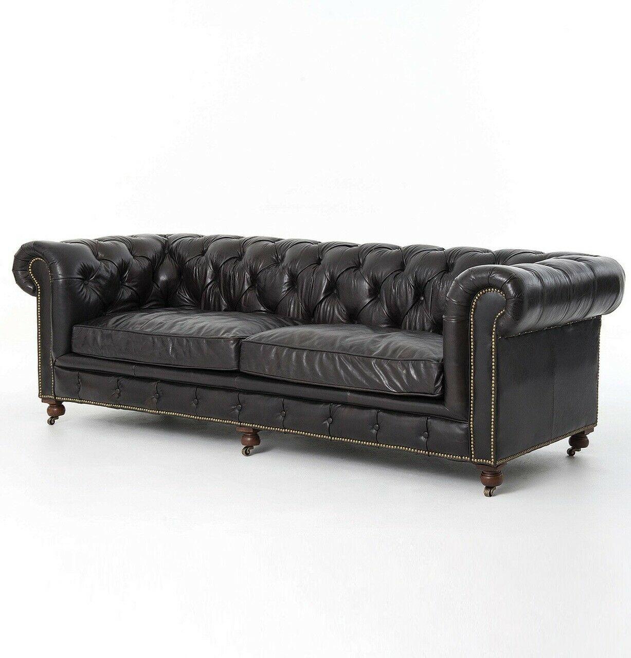 Chesterfield sofa 4-seater Black couch upholstery fabric faux leather on wheels with cushions