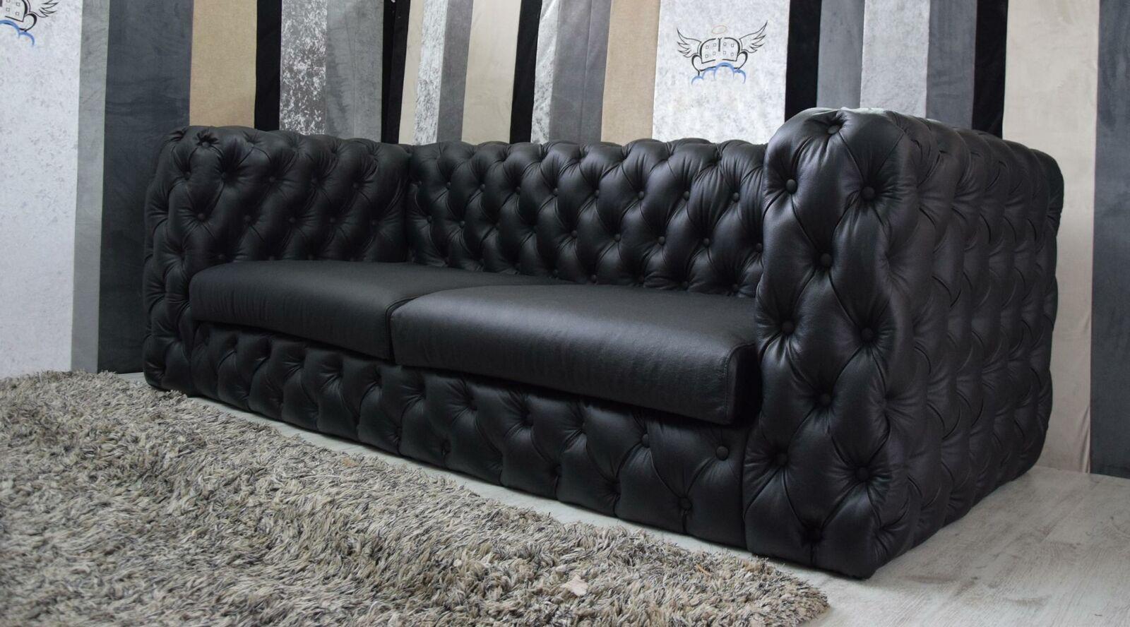 Black Chesterfield 3-Seater Couch Sofa 100% Real Full-Grain Leather Designer New With Cushions