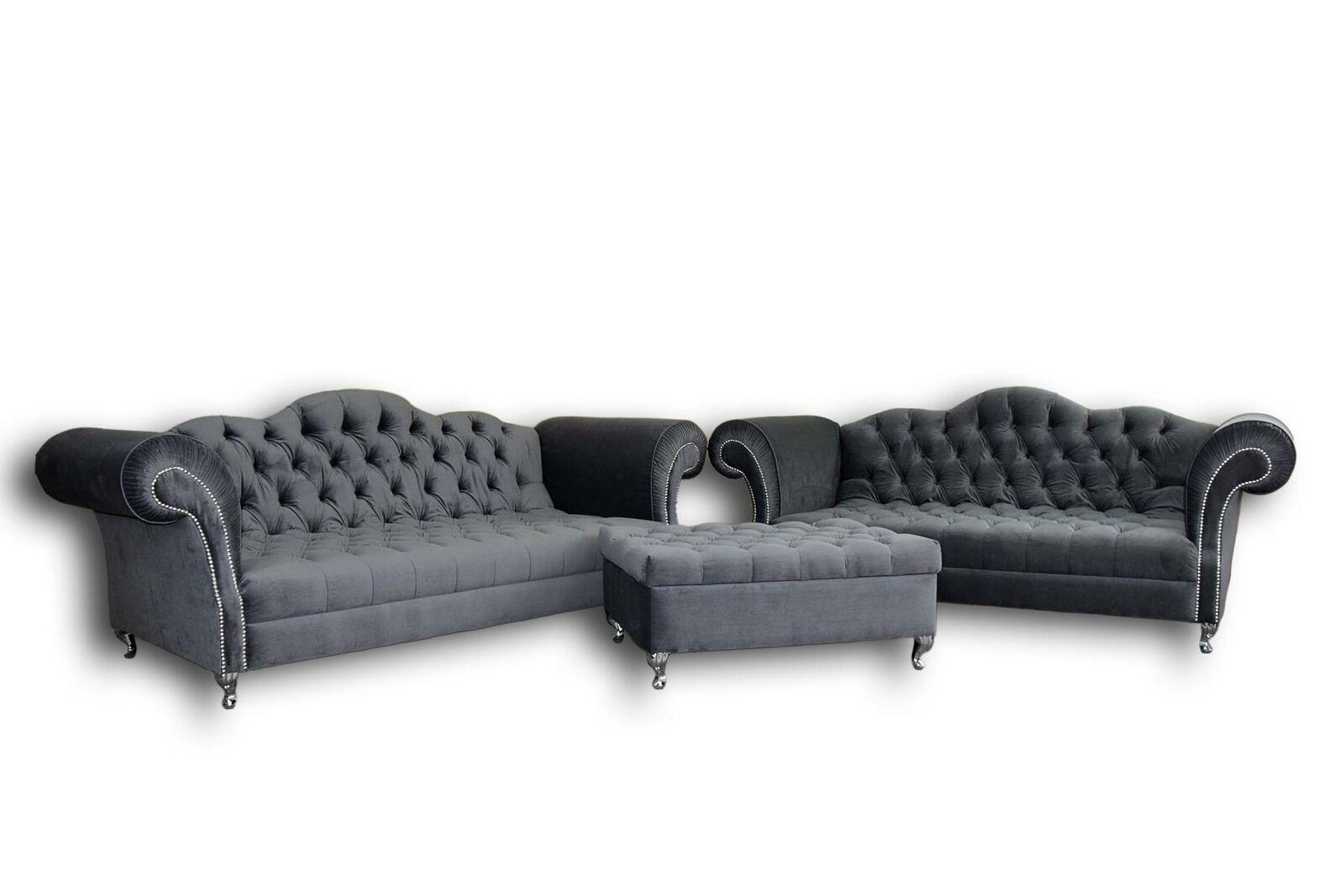 Chesterfield Sofa set 3+2 seaters + stool Couches fabric textile couch set New grey free colour choice