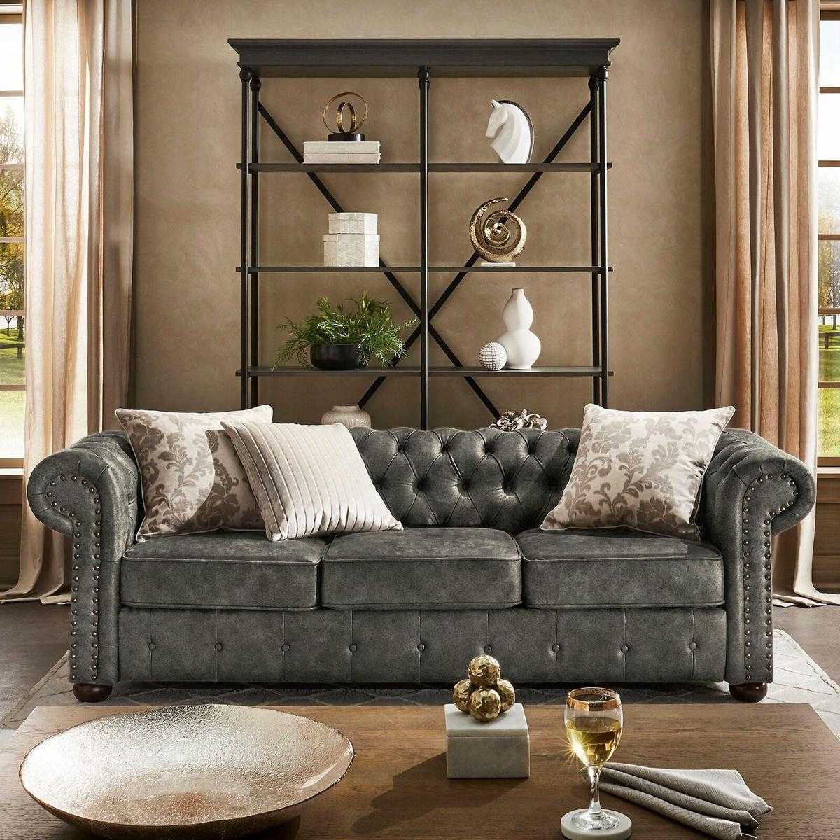 jvfurniture® leather sofa couch - design upholstery 3-seater couch Grey Faux Leather