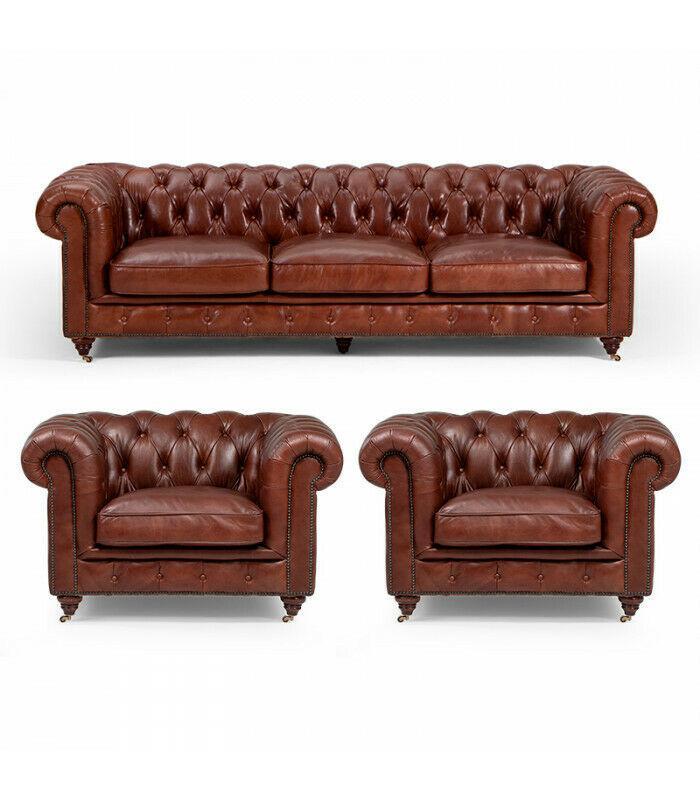 Sofa Set 3+1+1 Seaters Classic Luxury Chesterfield Sofa Leather Couch Set Brown Upholstered New