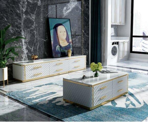 Sideboard TV Lowboard RTV XL Cabinet Coffee Table Living Room Marble Imitation 2pcs.