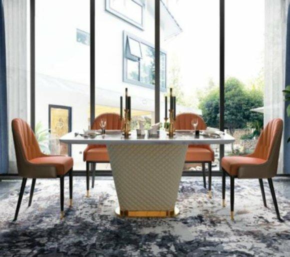 Luxury Designer Dining Room With Round Dining Table & 4 x Leaning Chairs Metal Leather New