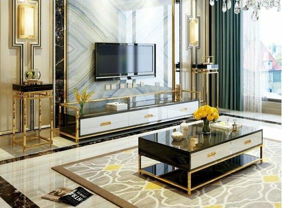 Modern style decorative living room set of gloss rectangular RTV lowboard & 2x-stands