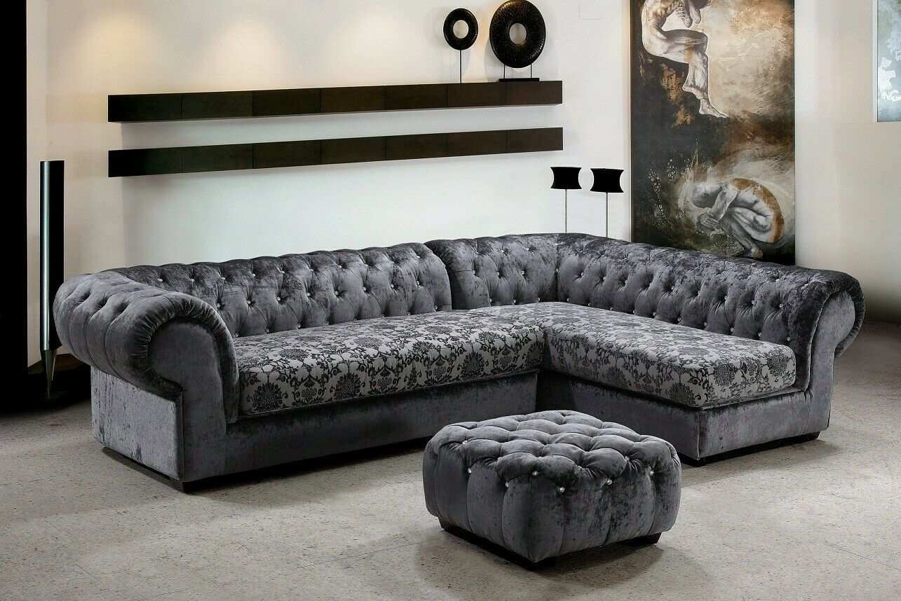 Classic Chesterfield Fabric L Shape Couch Living Area Corner Sofa Set Sofa