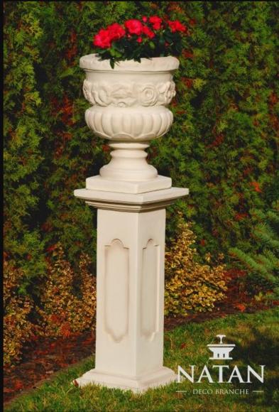 Ornamental garden flower vase-pot on column with patterns made of weather-resistant cement