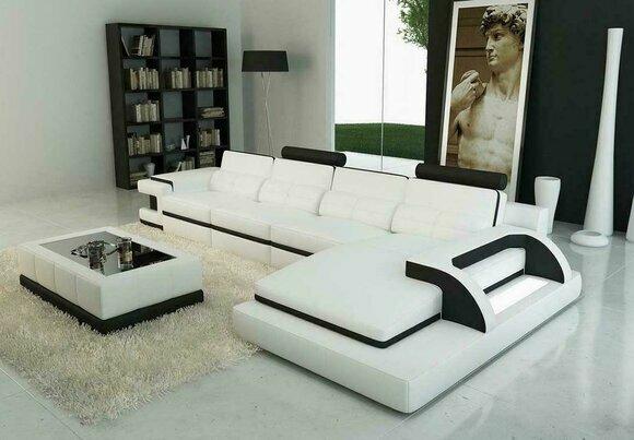 Corner Sofa L Shape Sofa Couch Design Grey Upholstery Leather Modern Illuminated White