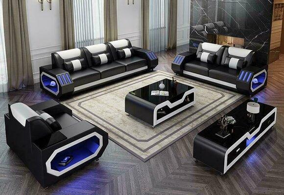 Leather sofa couch sofa set 3+2+1 - Illuminated designer couches New