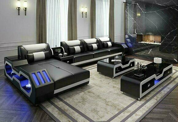 Leather Design Sofa Couch Upholstery Corner Sofa Set Living Room Corner Sofa LED New