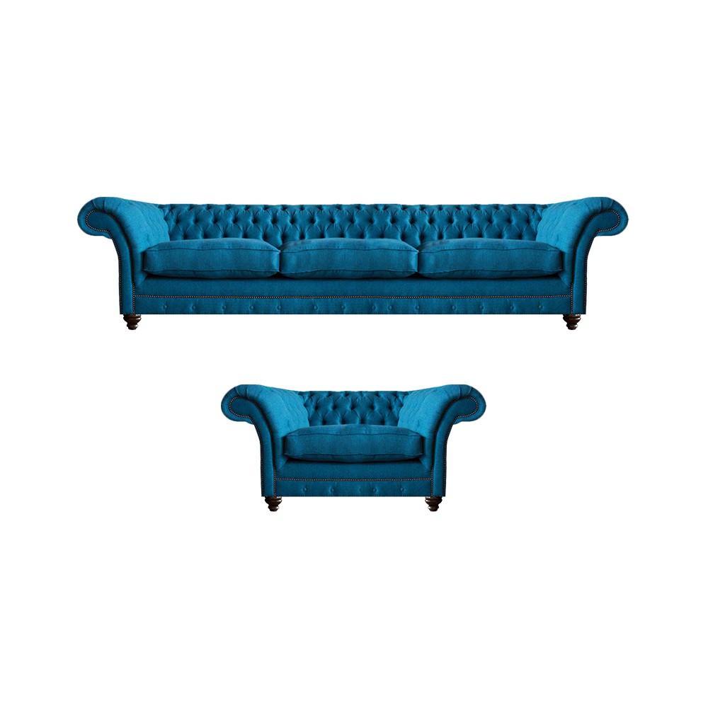 Blue sofa three-seater upholstered furniture couch textile armchair Chesterfield furnishings