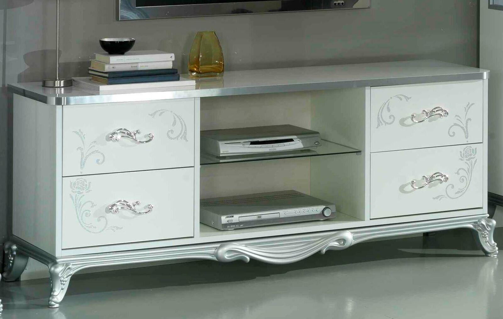 Modern style luxury designed TV lowboard with 4-sliding drawers & glass shelves