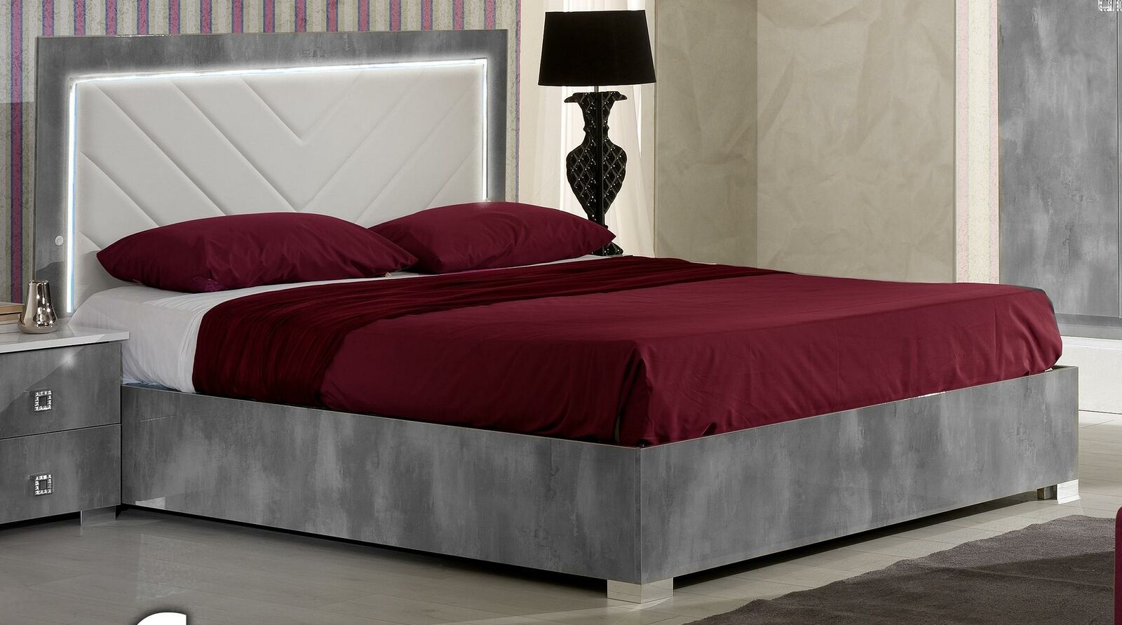 Modern style designer massive leather double bed made of real wooden frame with LED light
