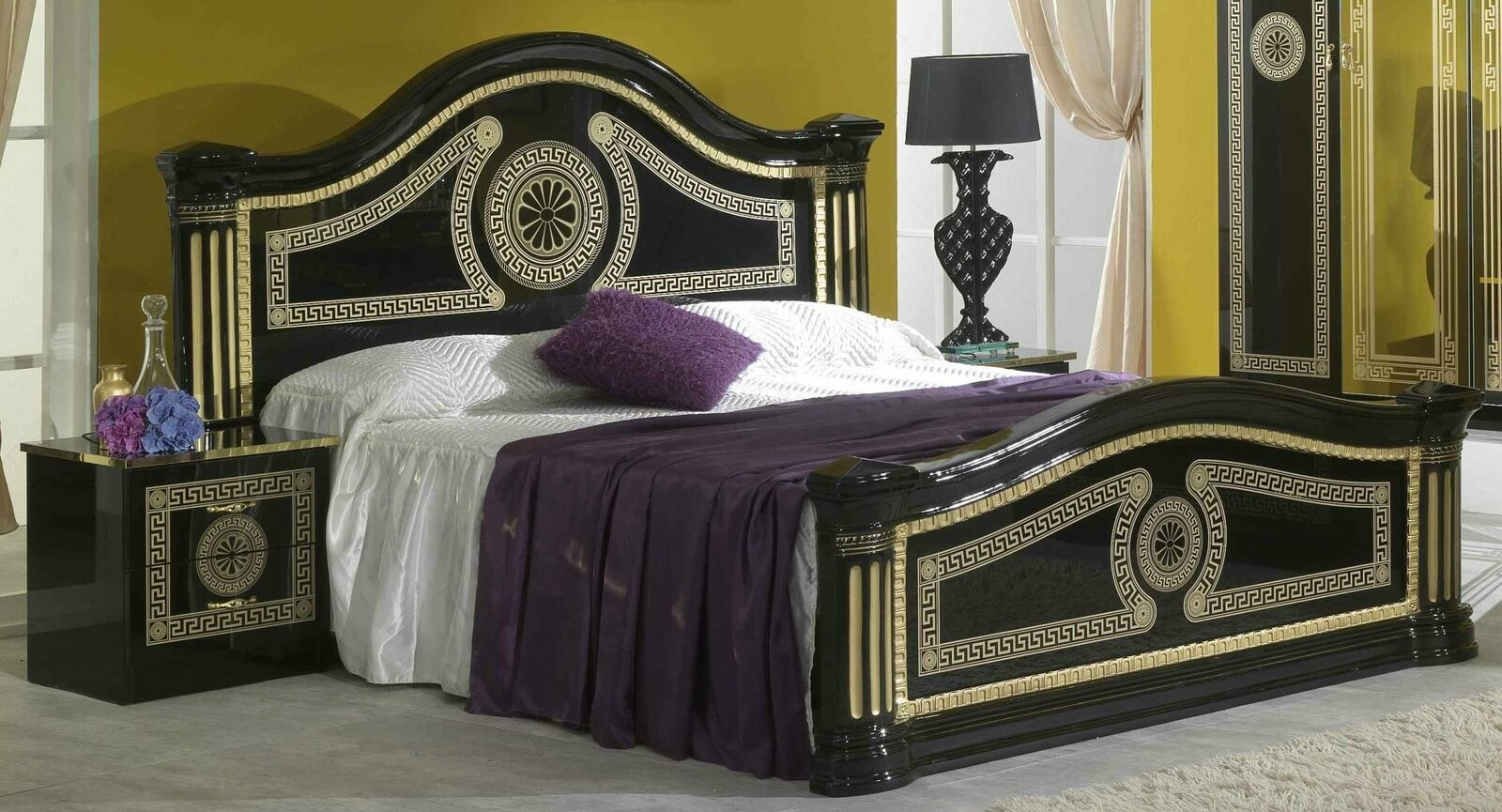 Empire style bedroom set of massive marriage double bed & 2x-bedside tables made of gloss wooden frame