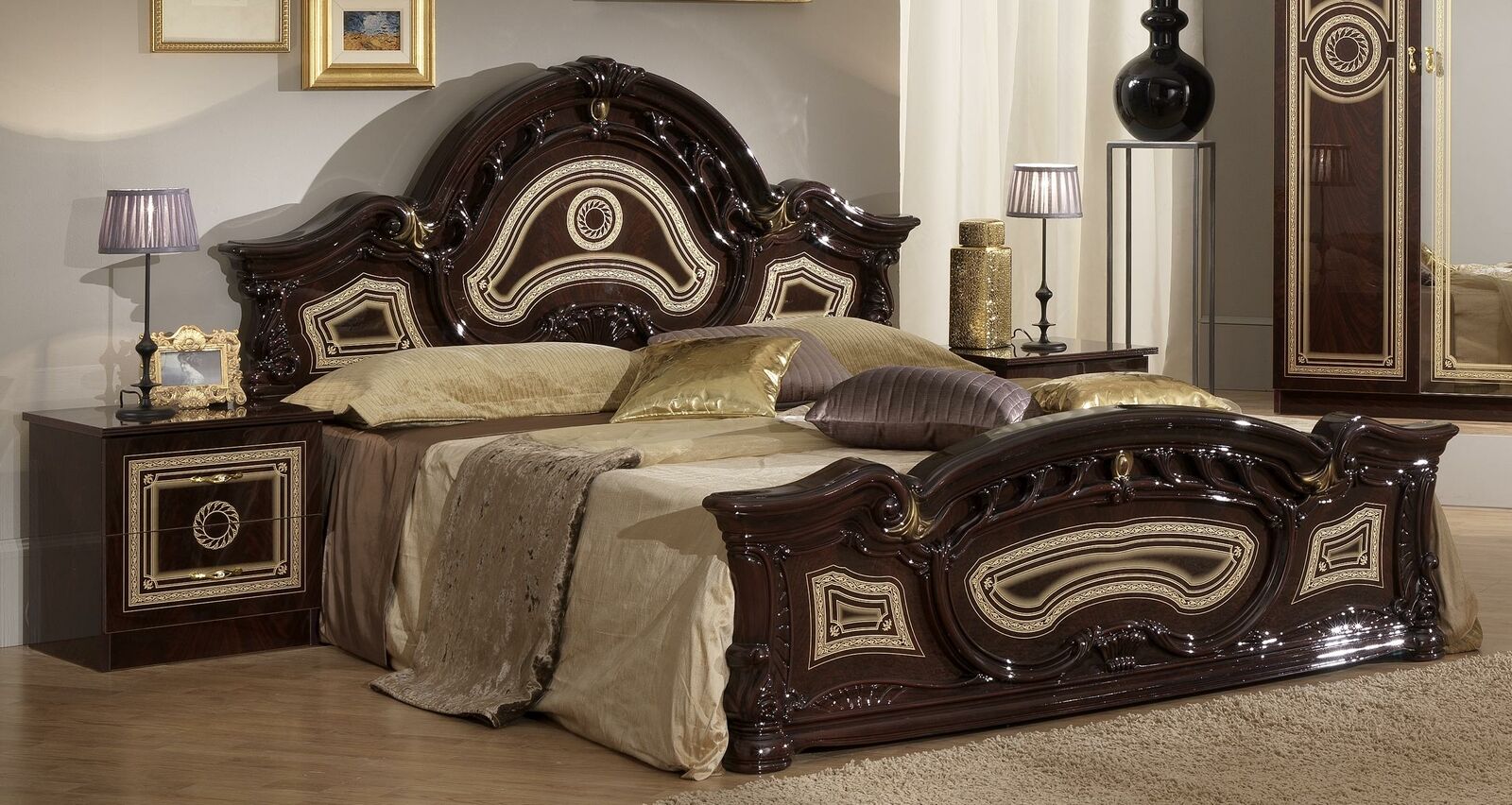 Classic baroque style designer massive double bed made of real gloss wooden