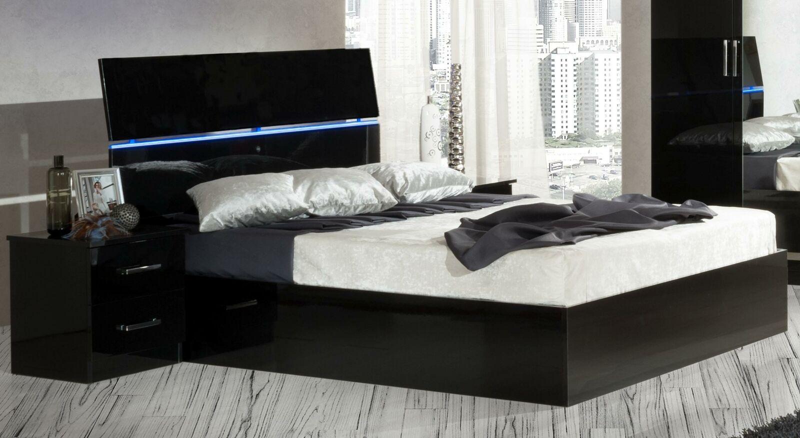 Bedroom set of massive double bed with LED light & 2x-bedside tables made of real gloss wooden frame