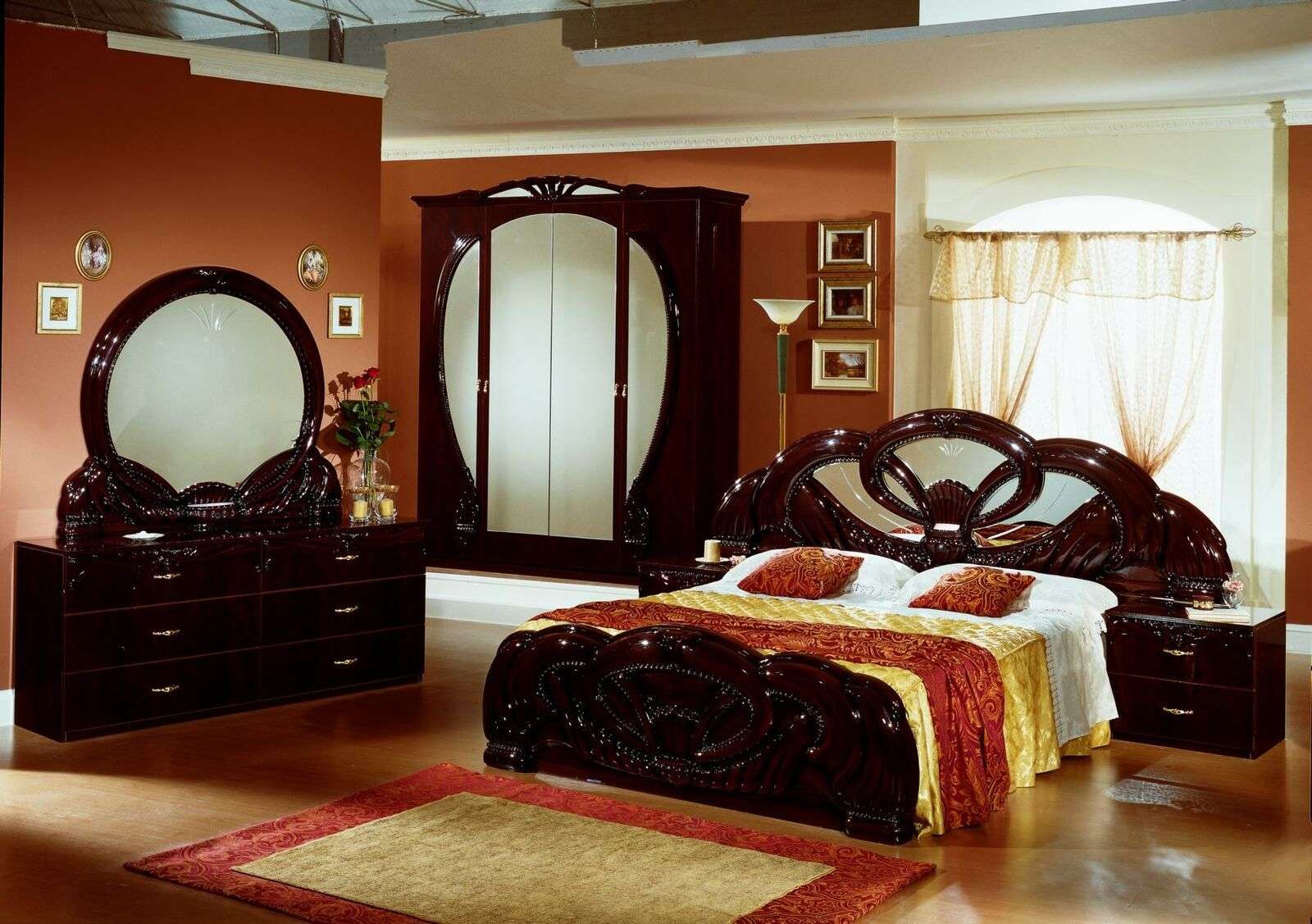 Empire style made of real wooden gloss set of massive double bed & 2x-bedside tables