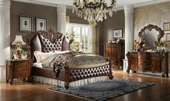 Bedroom baroque style set of massive chesterfield design double bed & 2x-bedside tables