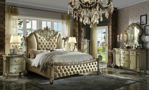 Classic baroque style bedroom set of chesterfield design double bed & 2x-bedside tables