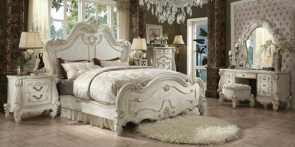 Rococo style classic bedroom set of double bed & 2x-bedside tables made of real wooden frame