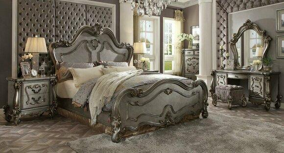 Classic baroque style bedroom set of massive marriage double bed & 2x-bedside tables