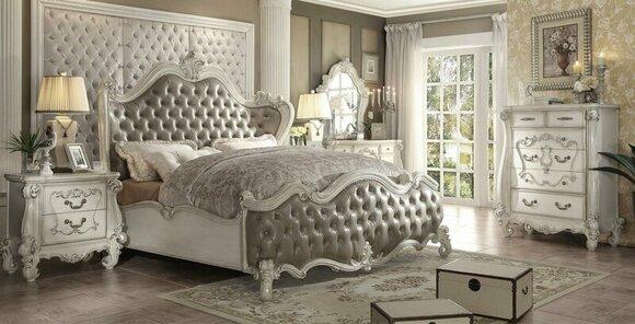 Classic rococo style chesterfield design bedroom set of double bed & 2x-bedside tables