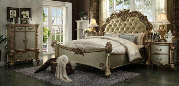 Classic baroque style chesterfield design set of double bed & 2x bedside tables