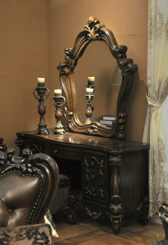 Carved Baroque Furniture Dressing Table Stool Mirror Bedroom Dresser 3pcs.