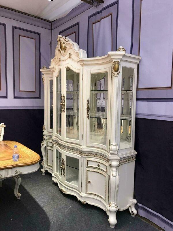 Baroque style made of real wooden massive showcase/cupboard with 8-swing doors, 2-sliding drawers & glass shelves