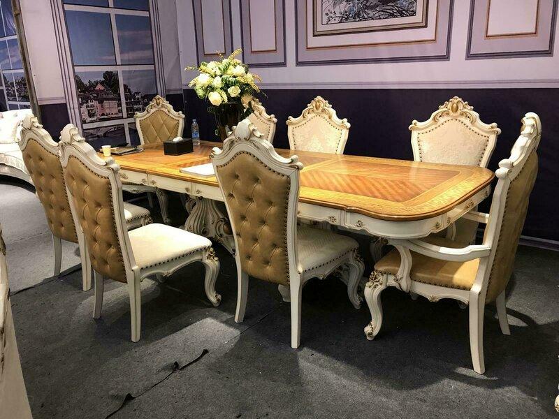 Baroque style made of real wooden dining room set of 6x-chairs, 2x-armchairs & rectangular table