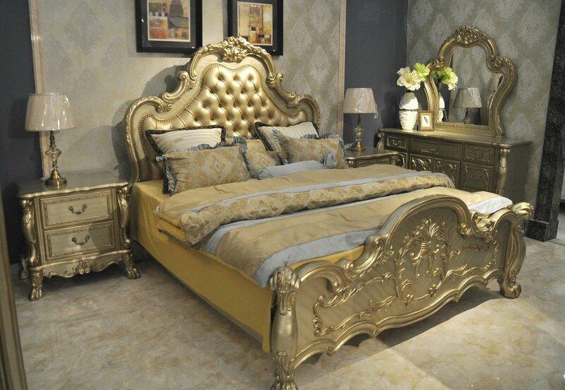 Baroque style made of real wooden bedroom set of chestefield double bed & 2x-bedside tables