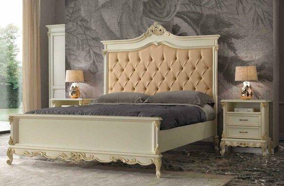 Classic rococo style bedroom set of chesterfield design double bed & 2x-bedside tables made of real wooden frame