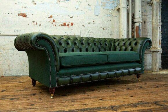 Chesterfield Sofa 3 Seater Couch Couches Green Textile Knobs England New