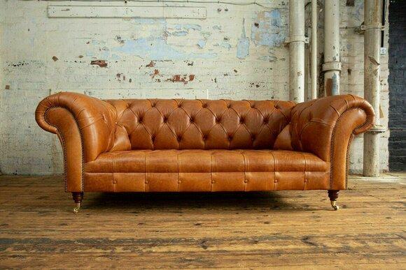 Chesterfield Orange Leather Textile Couch Classic Sofa Seat Upholstery Fabric Sofas