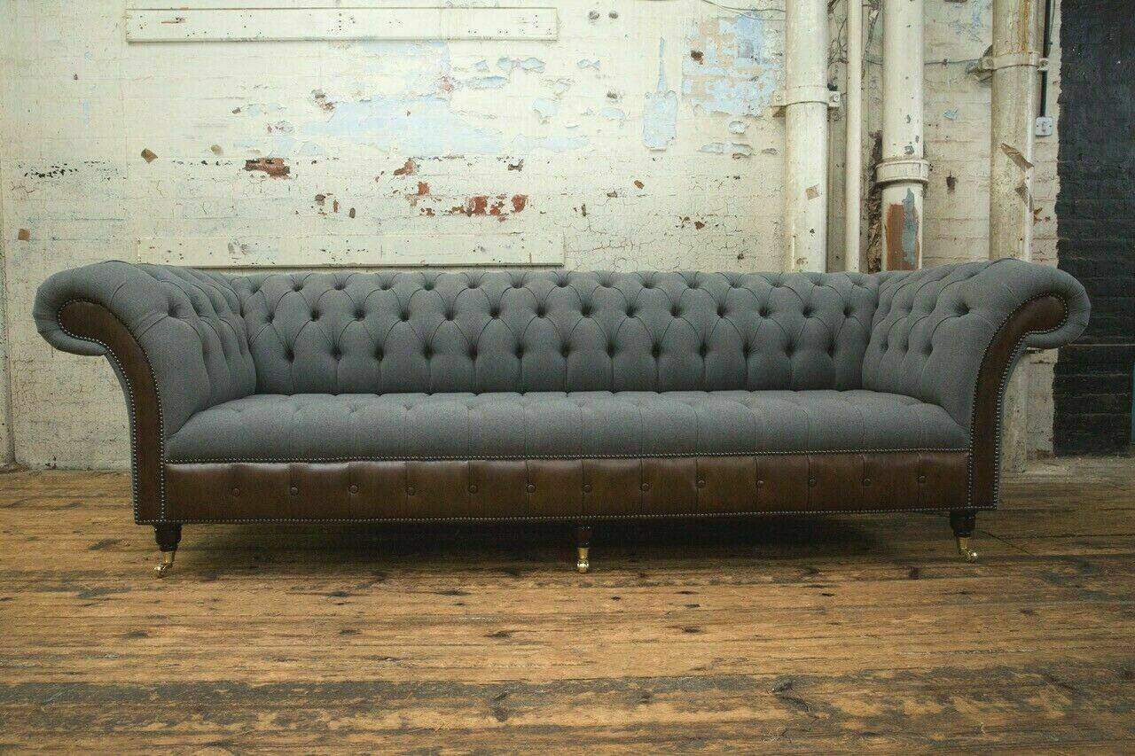 Sofa Four Seater Couch Chesterfield Upholstery Seat Set Leather Textile Grey New