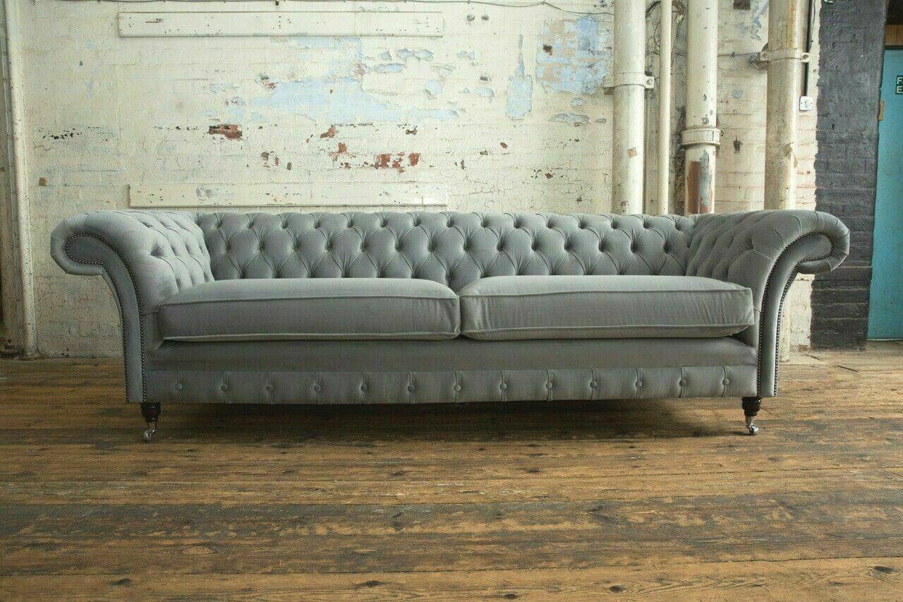 Chesterfield XXL Sofa 4-Seater Grey Textile Upholstered Couches With Soft Cushions New