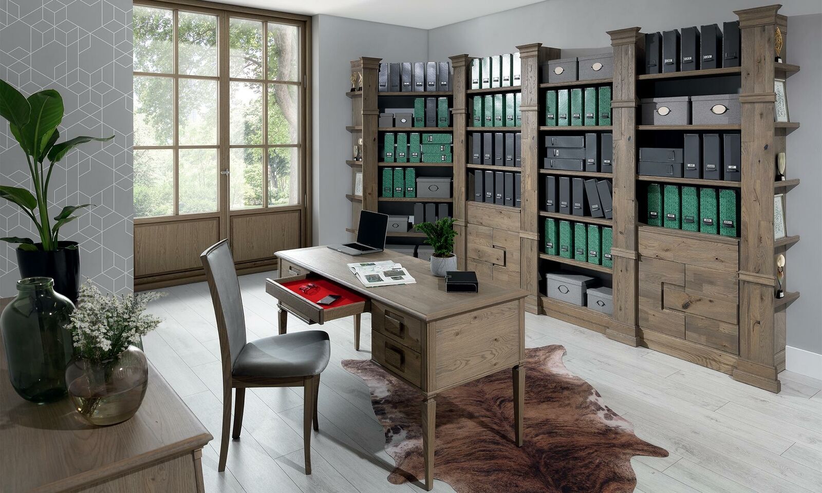 Modern style made of real wooden rectangular office/computer desk with 5-sliding drawers, model - CE-2