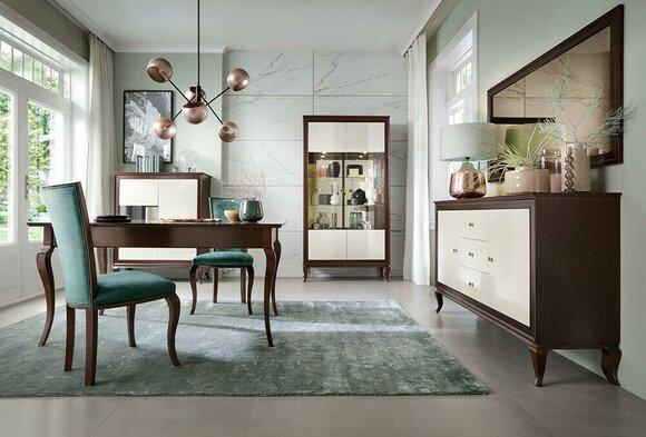 Modern style made of real wooden living room set of dining table, 2x-chairs, sideboard, mirror, showcase & chest of drawers