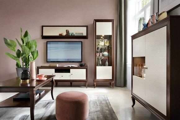 Modern style made of real wooden living room set of wall shelf, TV lowboard, showcase, cupboard & coffee table