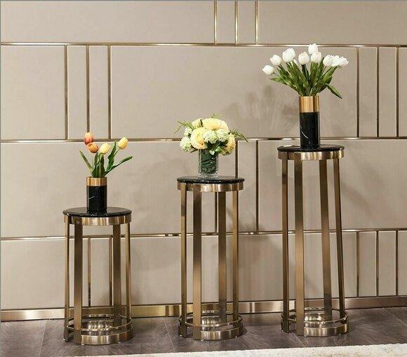 Decorative set of 3-stands for flower vases made of real wooden & stainless steel