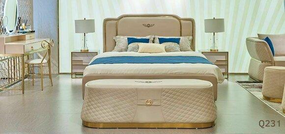 Modern style bedroom leather set of massive marriage double bed & 2x-bedside tables