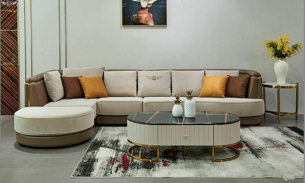 Corner Sofa L Shape Coffee Table Sofa Couch Design Upholstery Textile Modern Beige Table