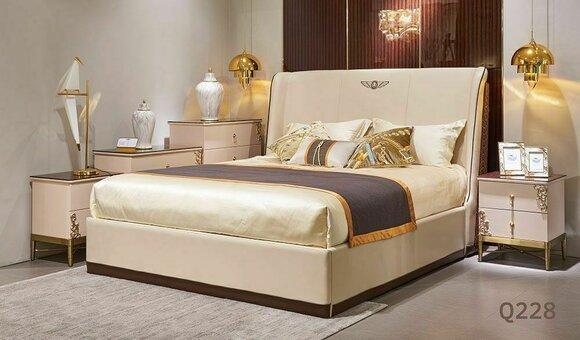 Luxury bedroom set of massive marriage leather double bed & 2x-bedside tables in modern style made of real wooden frame