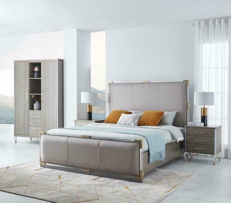 Luxury design bedroom set of massive marriage double bed & 2x-bedside table in modern style