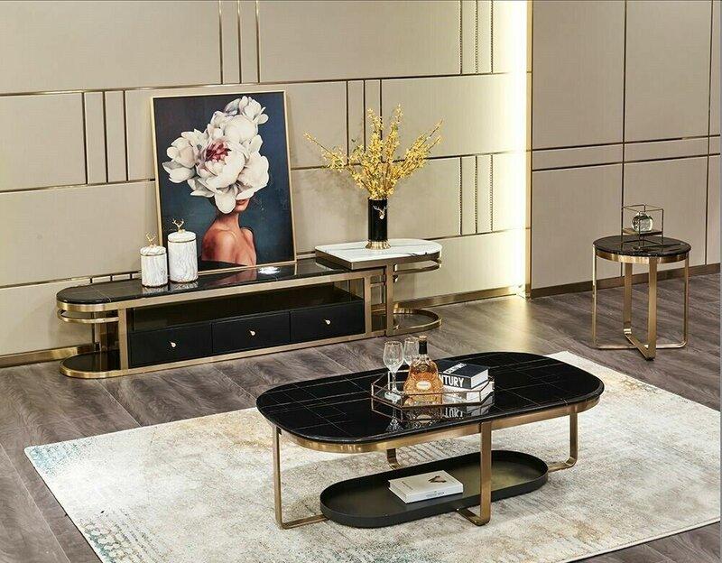 Modern style made of wood & stainless steel living room set of coffee table, side table & lowboard