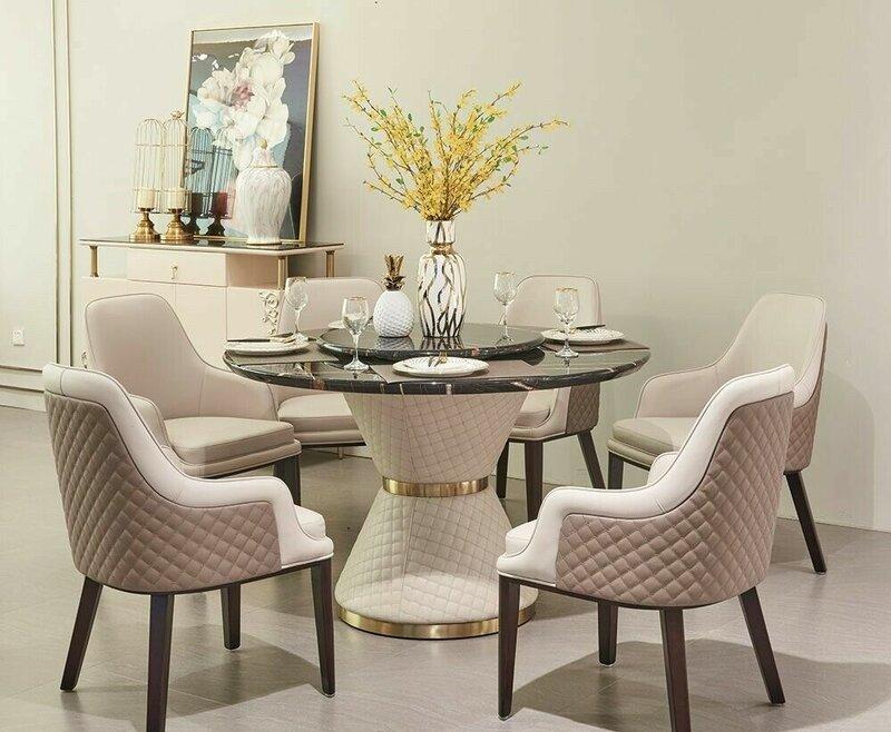 Modern style made of real wooden leather dining room set of round dining table & 6x-armchairs