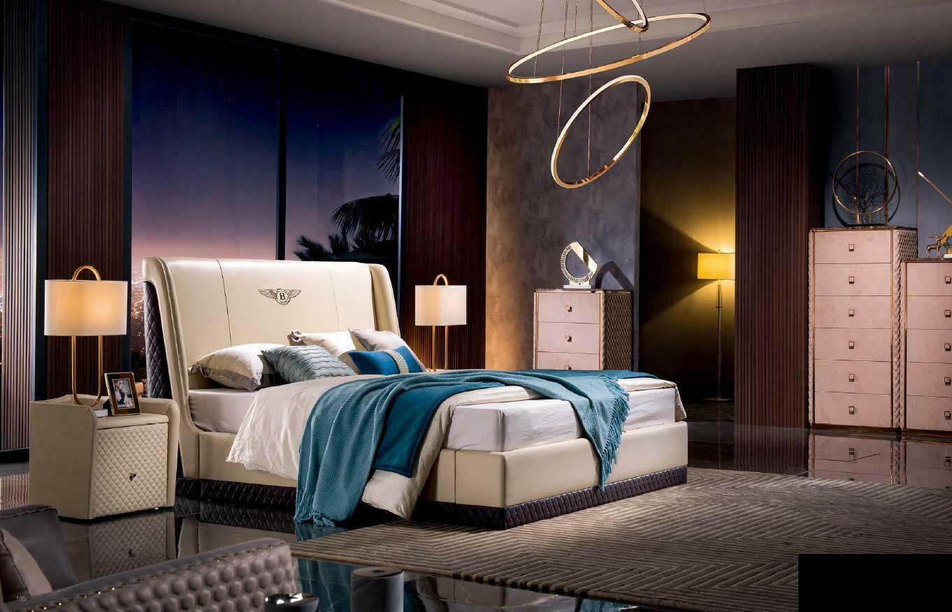 Design bedroom set of massive nappa leather double bed & 2x-bedside tables in modern style