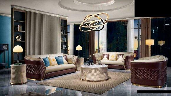 Living room set of modern 3+2+1 seater sofas made of real wood & nappa leather