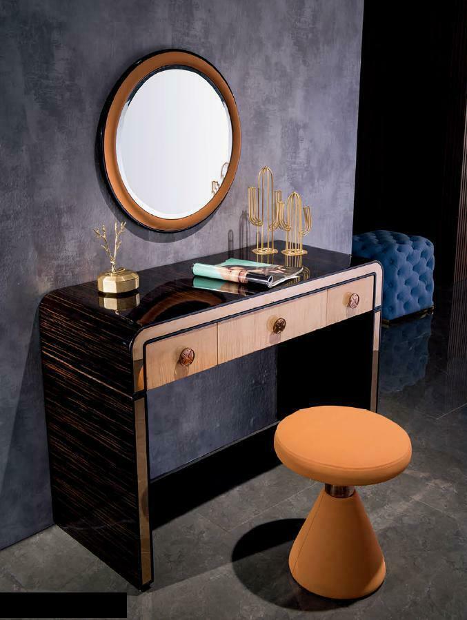 Set of luxury modern style gloss dressing table with 3-sliding drawers & round stool