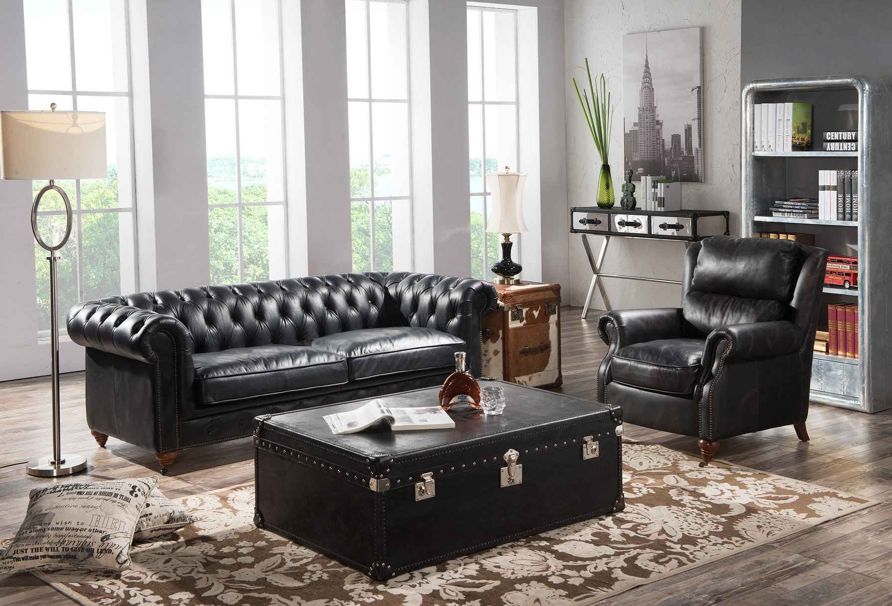 Chesterfield sofa 3 seater with armchair black vintage leather furniture style 2 pieces. New